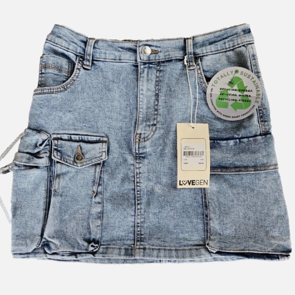 Lovegen Multi Cargo Denim Skirt Mini Women Size 7/29 Stretch NWT